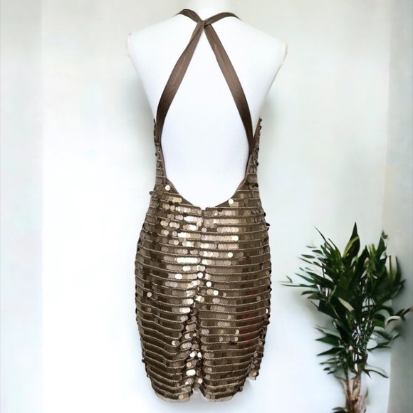 BCBG Maxazria IMAN SEQUIN BRONZE COIN CRISS CROSS PAILLETTE COIN MINI DRESS - Picture 12 of 13